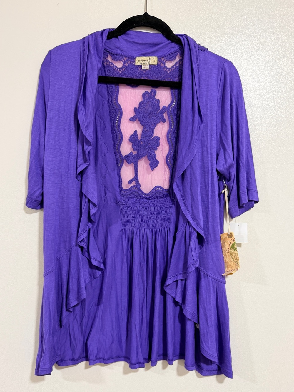 NWT One World Womens Open Cardigan Large Purple Embroidered Boho Flowy Summer
